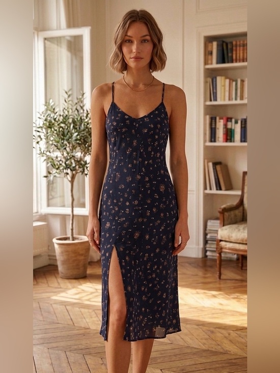 Ag Adriano Goldschmied Dresses & Skirts - Adriano Goldschmied Navy Floral V-Neck Midi Slip Dress with Cross Back